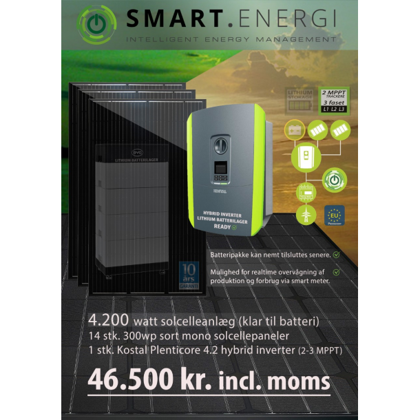 4,2 kW solcelleanlæg Excl  batteripakke og montage
